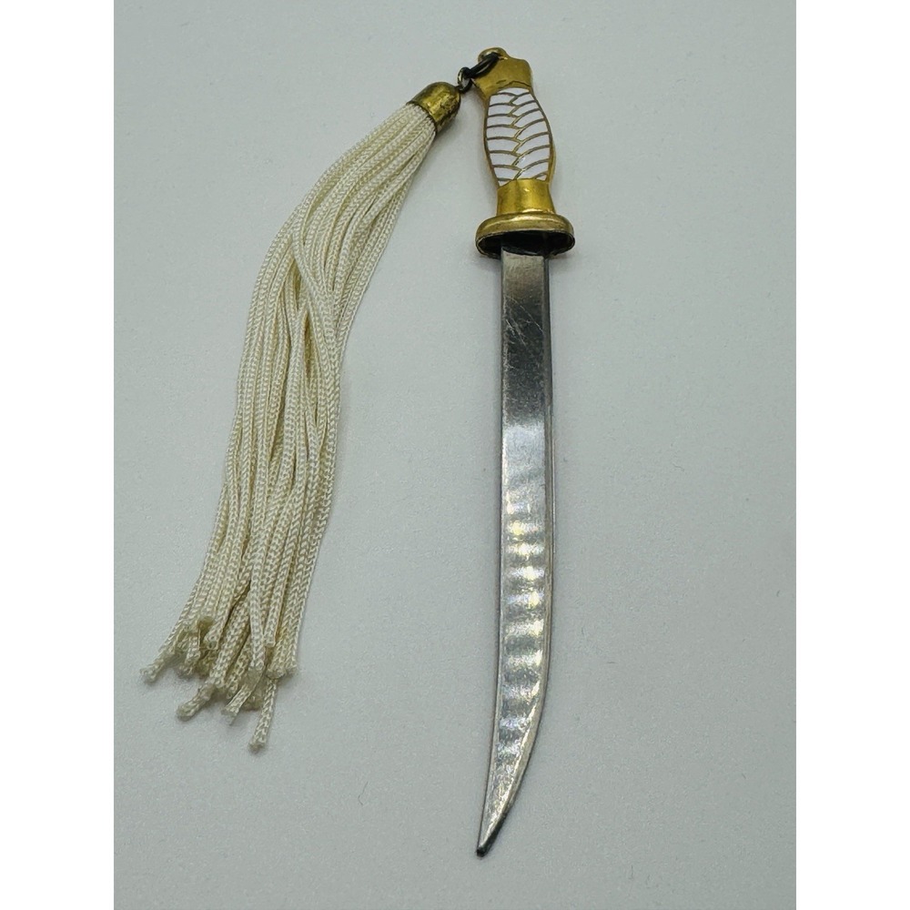 Vintage Mini Decorative Sword Saber Charm Gold Tone White Enamel Tassel